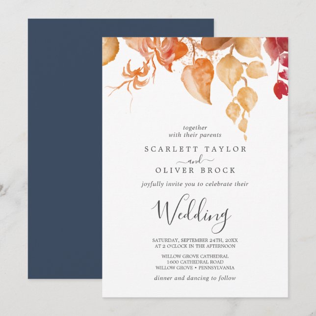 Invitation Feuilles automnales | Mariage blanc et bourguignon (Devant / Derrière)
