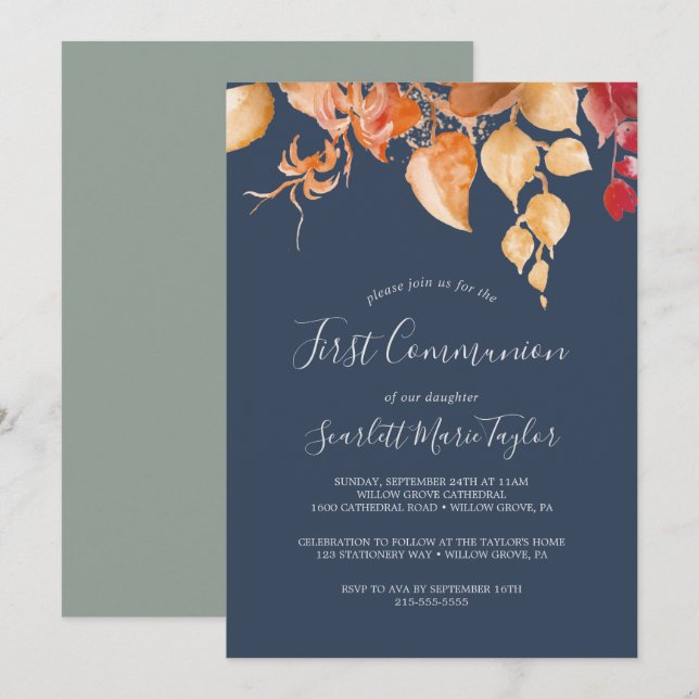 Invitation Feuilles automnales | Première communion bleu et b (Devant / Derrière)