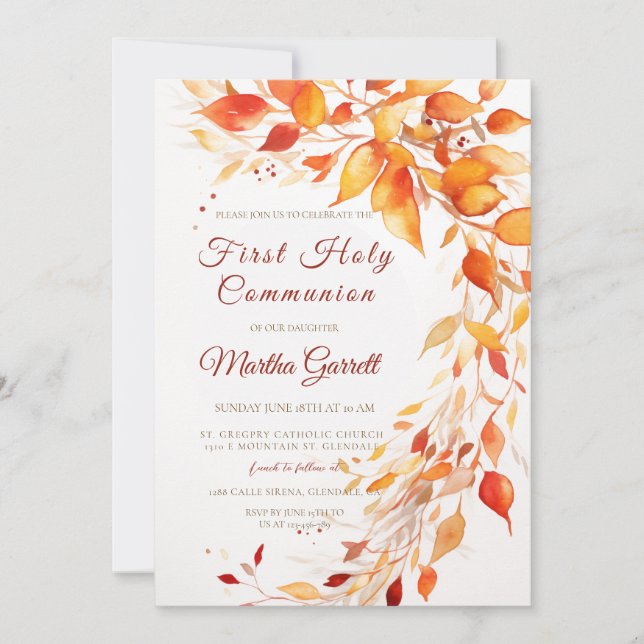 Invitation Feuilles automnales Première communion jaune et ro (Devant)