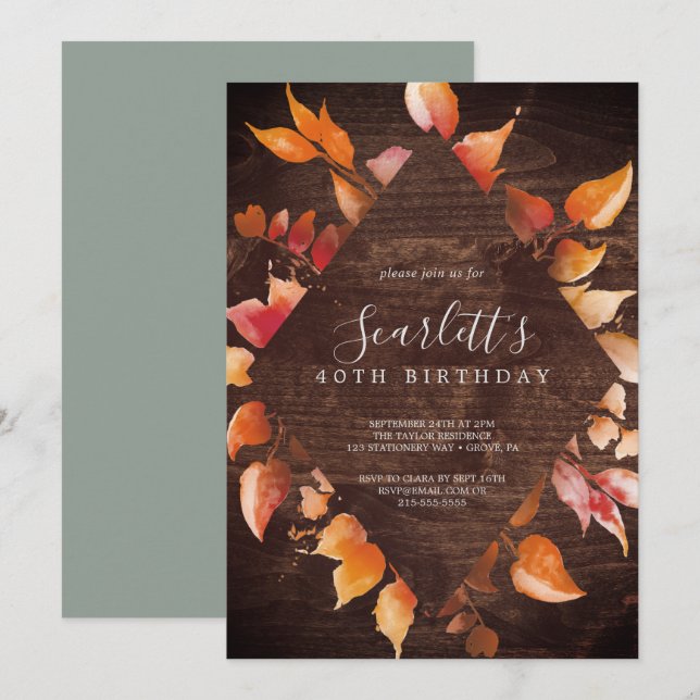 Invitation Feuilles automnales | Rustic Brown Wood 40e annive (Devant / Derrière)