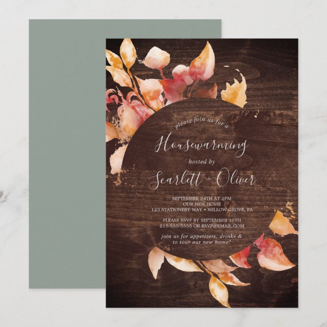 Invitation Feuilles automnales | Rustic Brown Wood Houseécher (Devant / Derrière)
