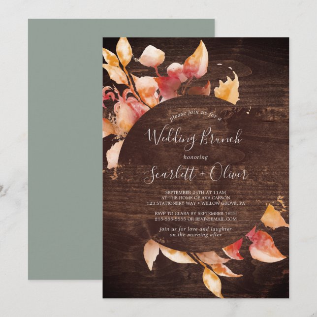 Invitation Feuilles automnales | Rustic Brown Wood Mariage Br (Devant / Derrière)