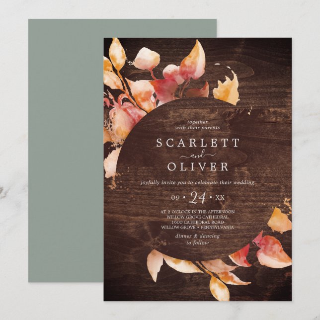 Invitation Feuilles automnales | Rustique Brown bois Mariage  (Devant / Derrière)