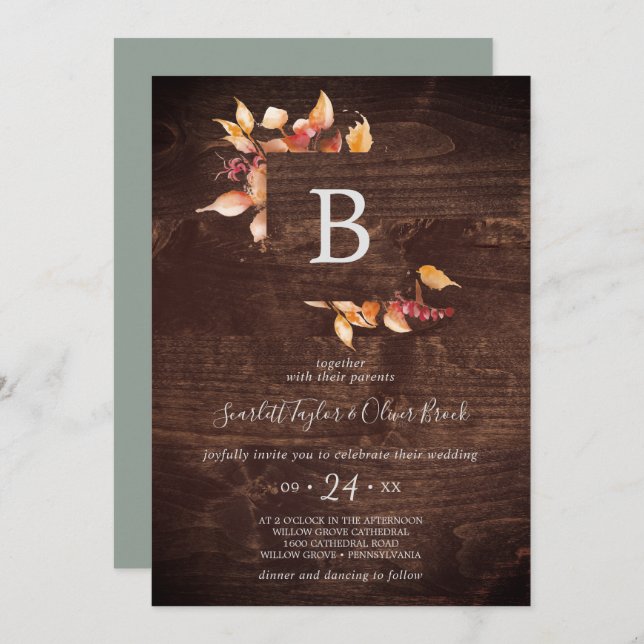 Invitation Feuilles automnales | Rustique Brown Mariage de mo (Devant / Derrière)
