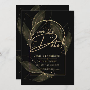 Invitation Feuilles Black Gold Moderne Mariage Enregistrer La