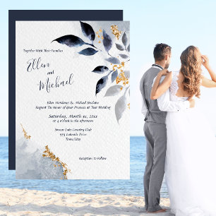 Invitation Feuilles bleues avec mariage or