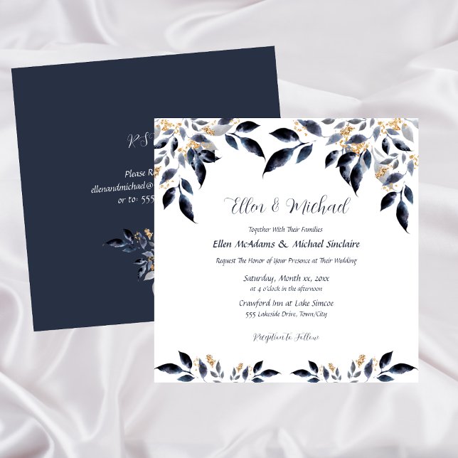 Invitation Feuilles bleus avec Mariage or (Blue Leaves with Gold Wedding Invitation)