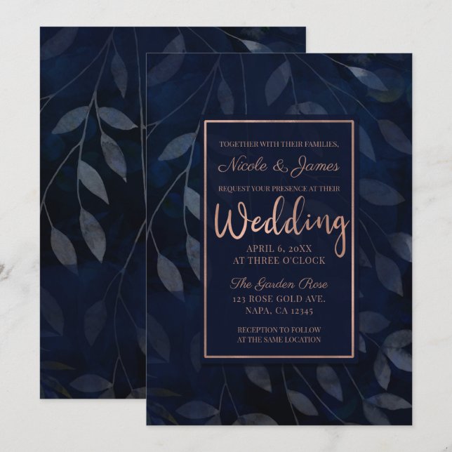 Invitation Feuilles botaniques bleu foncé Mariage rose modern (Devant / Derrière)