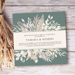Invitation Feuilles Botaniques Vert Sauge Carré Mariage