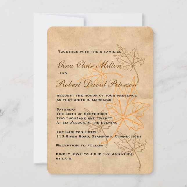 Invitation Feuilles Brown de Parchment Orange Mariage de auto (Devant)