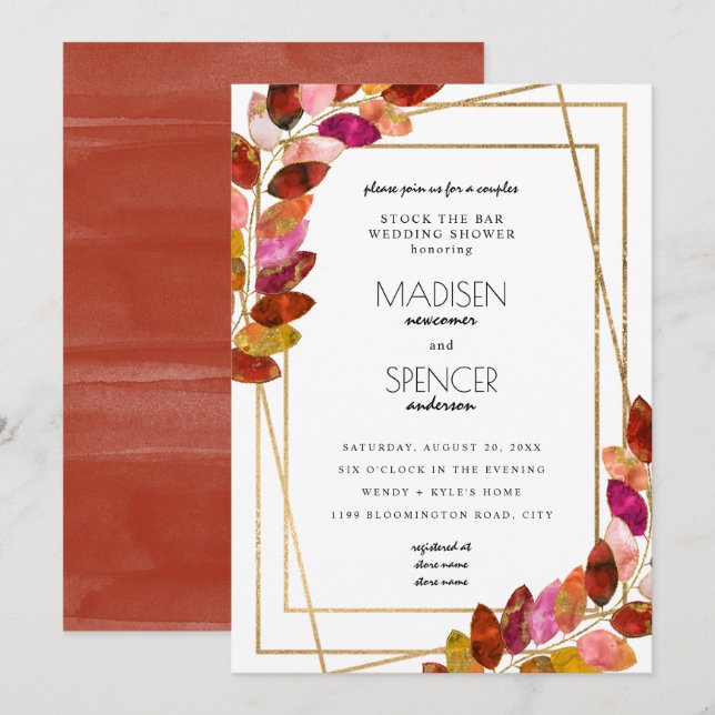 Invitation Feuilles Couples Stock Bar wedding shower (Devant / Derrière)
