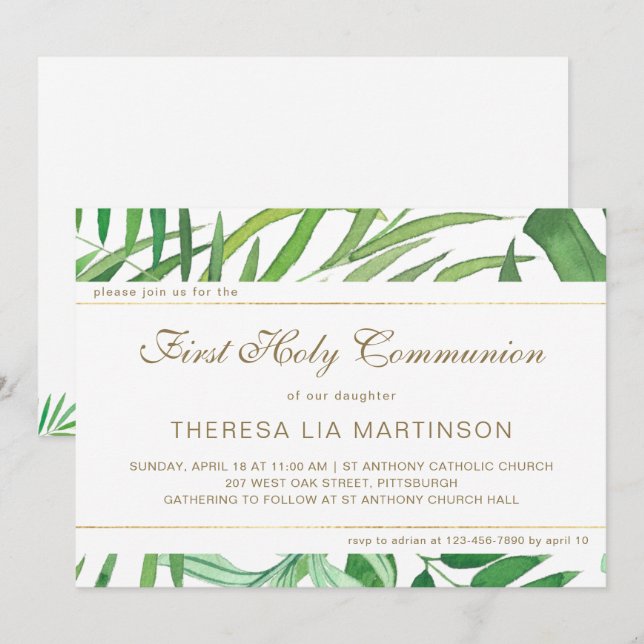 Invitation Feuilles d'aquarelle avec communion sainte croisée (Devant / Derrière)