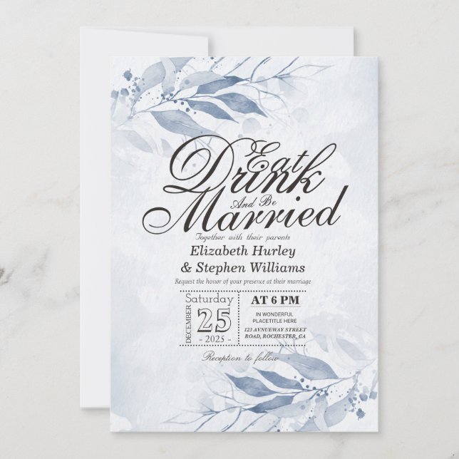 Invitation Feuilles d'aquarelle MANGER Boire & Mariage Mariag (Devant)