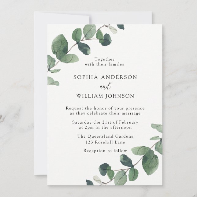 Invitation Feuilles d'aquarelle moderne Mariage de printemps (Devant)