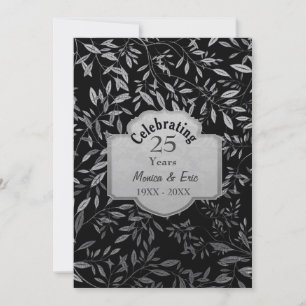 Invitation Feuilles d'argent 25e anniversaire Mariage Noir