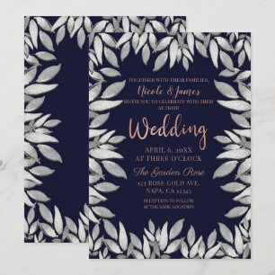 Invitation Feuilles d'Argent Botanique Glam Bleu Rose Mariage