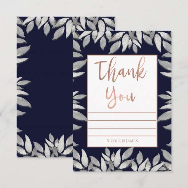 Invitation Feuilles d'argent Botanique Glam Blue Rose Merci (Devant / Derrière)