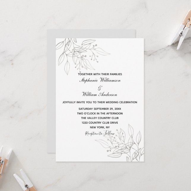 Invitation Feuilles d'argent Élégant Formel Moderne Chic Mari (Devant/Arrière en situation)
