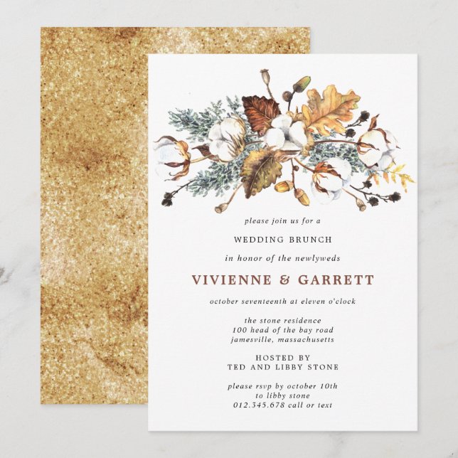 Invitation Feuilles d'automne Blanc Floral Post Mariage Brunc (Devant / Derrière)