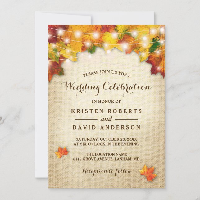 Invitation Feuilles d'automne Burlap String Mariage de automn (Devant)