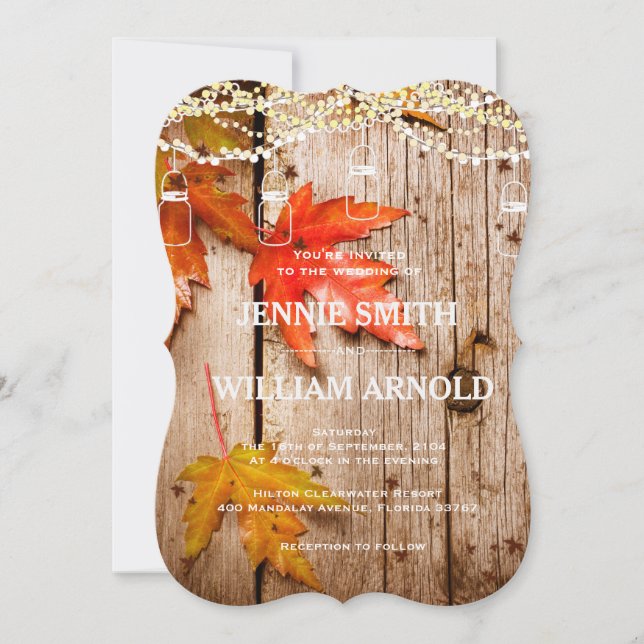 Invitation Feuilles d'automne et lumières Mason Jars Mariage  (Devant)