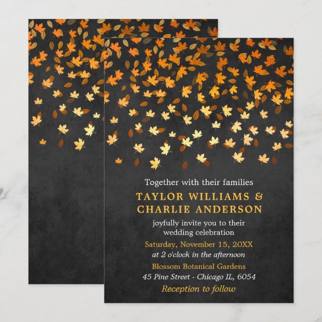 Invitation Feuilles d'automne Grunge Gold et Mariage noir (Devant / Derrière)