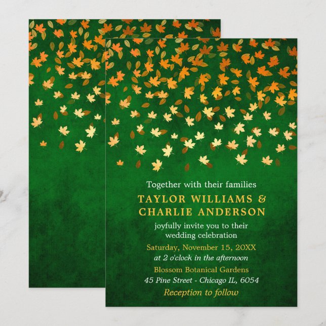 Invitation Feuilles d'automne Grunge Gold et Mariage vert (Devant / Derrière)