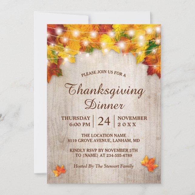 Invitation Feuilles d'automne lumières de chaîne Thanksgiving (Devant)
