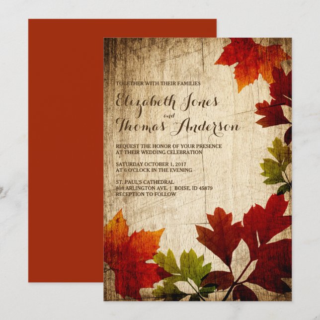 Invitation Feuilles d'automne sur Mariage de automne rustique (Devant / Derrière)