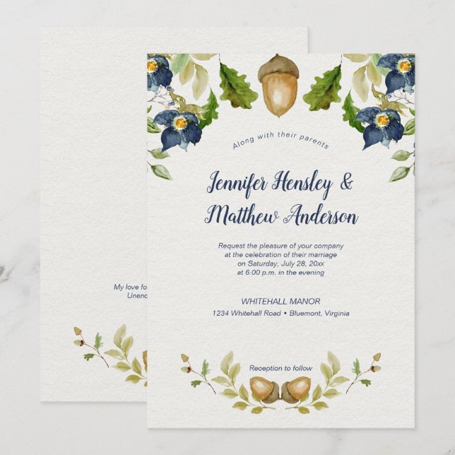 Invitation Feuilles de chêne Floral bleu Acorns Mariage | (Devant / Derrière)