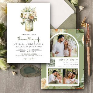 Invitation Feuilles de  de Sage de Roses blanches Mason Jar Q