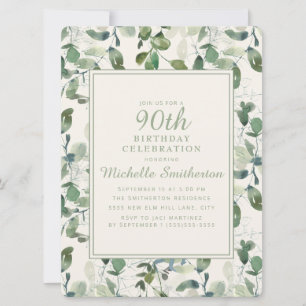 Invitation Feuilles de eucalyptus vert élégant 90e anniversai