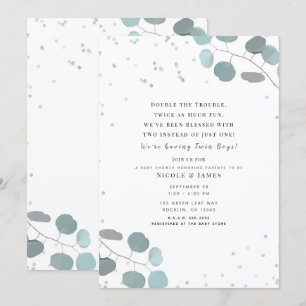 Invitation Feuilles de Eucalyptus Vertes Baby Shower Jumeaux