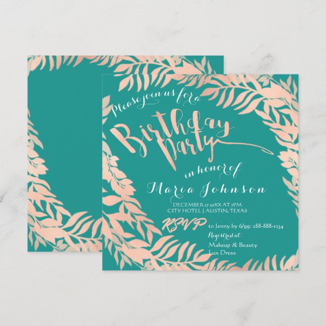 Invitation Feuilles de fête d'anniversaire Wreath Mint Rose T (Devant / Derrière)