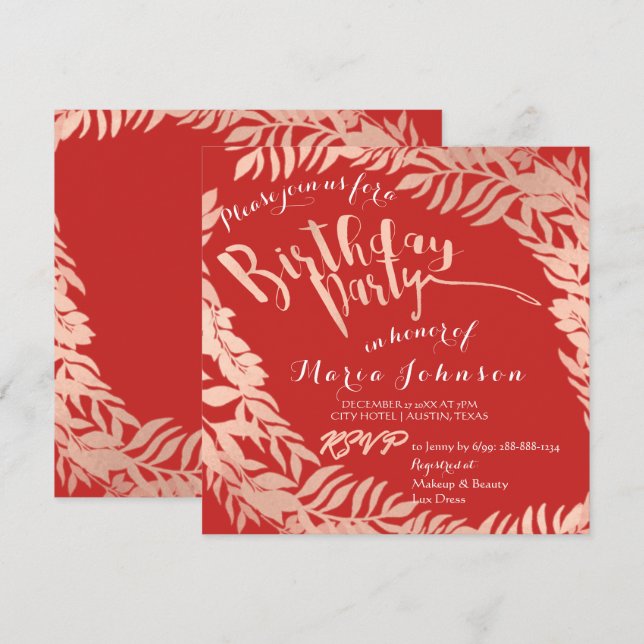 Invitation Feuilles de fête d'anniversaire Wreath Rouge Rose  (Devant / Derrière)