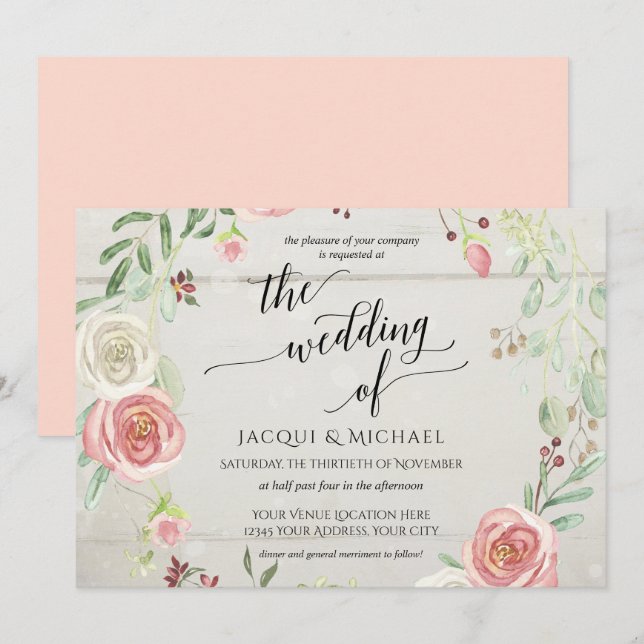 Invitation Feuilles de feuillage de sertissage de Rose à l'él (Devant / Derrière)