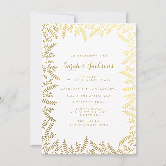 Invitation Feuilles de feuilles d'or en feuille d'or blanc po (Devant)