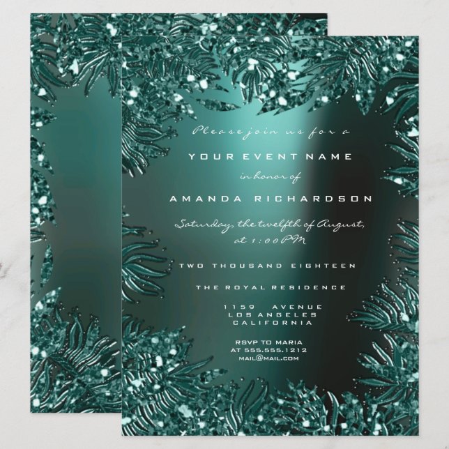 Invitation Feuilles de fougère encadrées de cristaux de bleu  (Devant / Derrière)