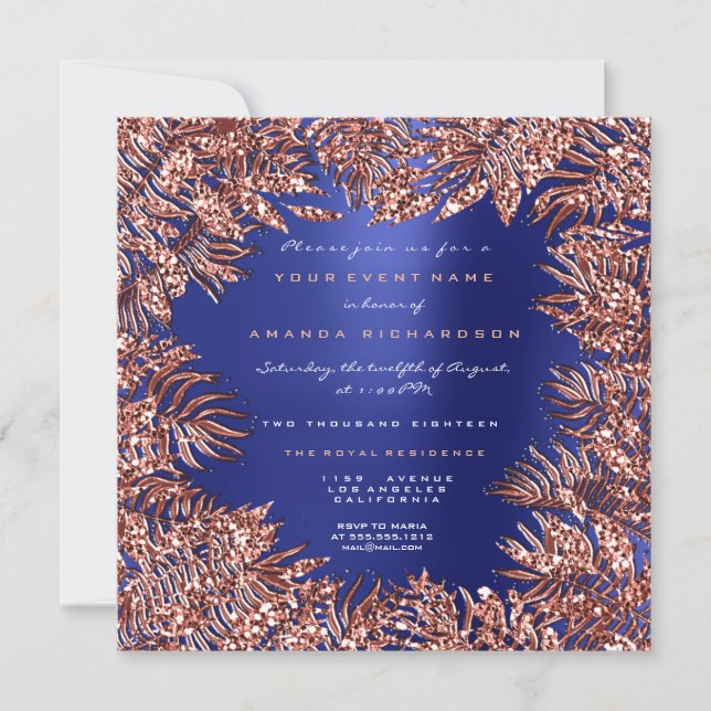Invitation Feuilles de fougère tropicales or rose cuivre bleu (Devant)