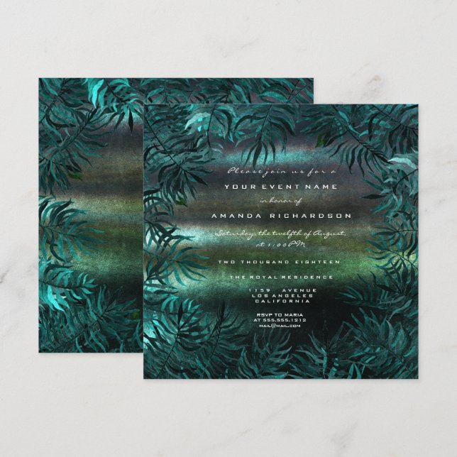 Invitation Feuilles de fougères tropicales encadrées Turquois (Devant / Derrière)
