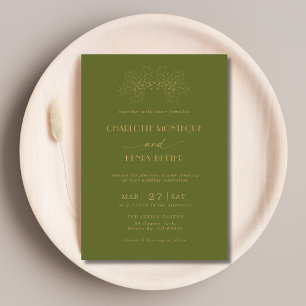 Invitation Feuilles de houx arbre vert olive or luxe mariage