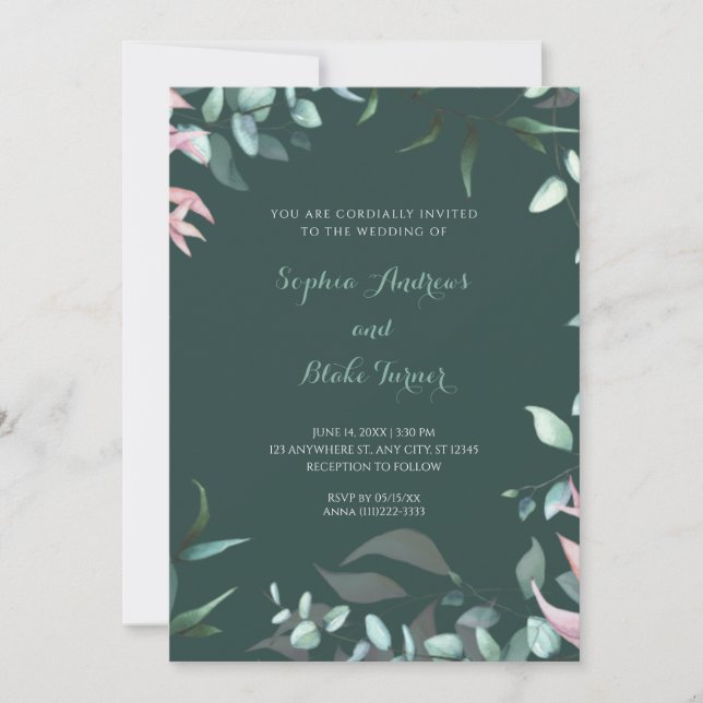 Invitation Feuilles de jardin vert et rose moderne Mariage (Devant)