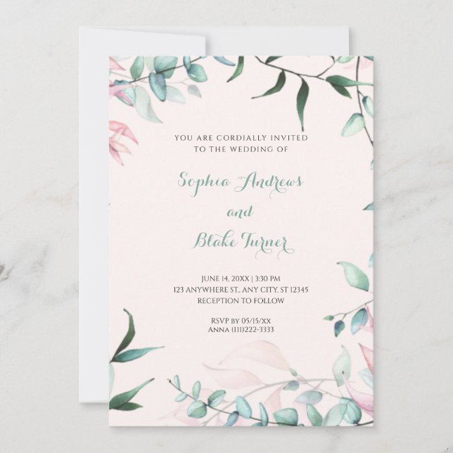 Invitation Feuilles de jardin vert et rose moderne Mariage (Devant)
