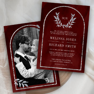 Invitation Feuilles de Laurier Argent Couronne Rouge Bourgogn
