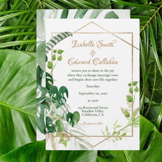 Invitation Feuilles de Monstère verte Tropicale d'or géométri (Créateur téléchargé)