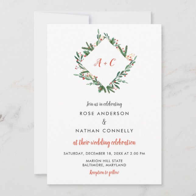 Invitation Feuilles de Noël Holly| Monogramme de mariage d'hi (Devant)