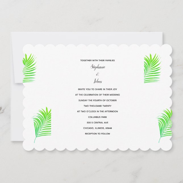 Invitation Feuilles de palmier Tropical Plutôt Vert Mariage b (Devant)