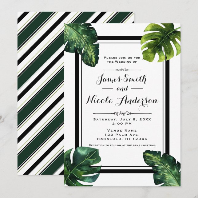 Invitation Feuilles de palmier tropicales Mariage Blanc Vert  (Devant / Derrière)