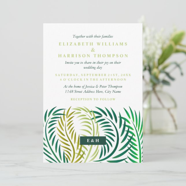 Invitation Feuilles de palmiers tropicaux, Mariage de plage (Debout devant)