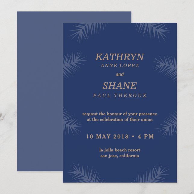 Invitation Feuilles de plage bleu foncé mariage (Devant / Derrière)